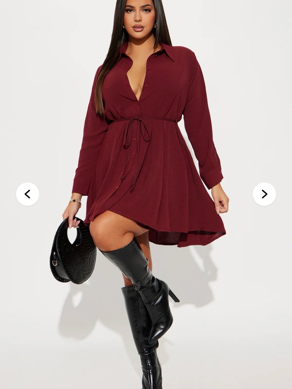 Fashion Nova Gloria Tie Waist Mini Shirt Dress Sz XL Wine Red Button Front READ